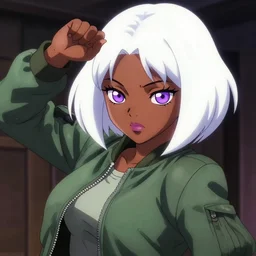 anime poster film still portrait, young black woman, black black black woman, purple colored eyes!!!!, white french bob hairstyle, white hair color, green colored bomber jacket, detailed facial features, dynamic pose,, rimlight, cel shaded, 4 k