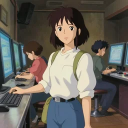 a film still a full body portrait of a 1 9 8 0's girl working at a movie theater, finely detailed features, full body mid shot, detailed smooth face, perfect art,, trending on pixiv fanbox, painted by gaston bussiere, makoto shinkai, akihiko yoshida, gaston bussiere, craig mullins, studio ghibli