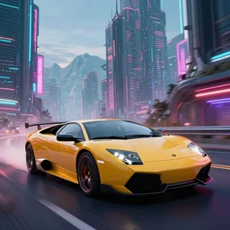 epic professional digital art of photorealistic synthwave lamborghini murcielago driving through neon cyberpunk futuristic city towers, mountains in background, detailed, intricate, sporty mood, fun