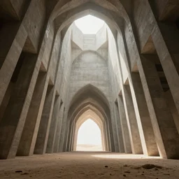 a photo of the interior of a vast vaulted structure made of concrete, the structure is in the desert, the structure is tall and infinite, volumetric lighting, light rays, photorealistic, ultrarealistic, coronarender, 8k