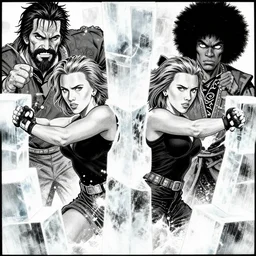 symmetrical scarlett johansson, punching through ice blocks! scenes by david finch, black and white, afro samurai manga style