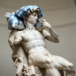 the statue david from michelangelo with medical cooling bags on his head, with his hands on his head sitting and sleeping