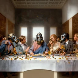 the last supper in gas masks, hyperrealistic, volumetric golden dappled dynamic lighting, highly detailed, sharp focus, elegant, by michael komarck