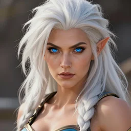 close - up headshot portrait of a gorgeous barbarian woman, white long messy hair and blue eyes, overwatch style, highly detailed, muscular, very beautiful face, digital art, pixiv fanbox, trending on artstation, ray tracing, volumetric lighting, sharp focus, hq, by artgerm, wlop, greg rutkowski, miyazaki hayao