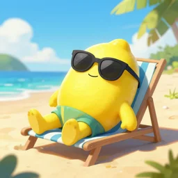 a lemon character wearing sunglasses relaxing on the beach, artstation