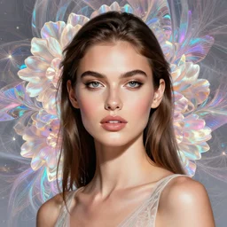portrait latina supermodel with floral background : : holographic fractals : : by karol bak, artgerm, moebius, elena masci, tom bagshaw : : portrait, illustration, photorealism, hyperrealism