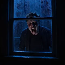 dark photo of dark blue rainy bedroom window at night, dimly lit creepy ( ( ( ( ( contorted distorted ) ) ) ) ) screaming face of elon musk staring in through the window, horror, scary face, demonic face,