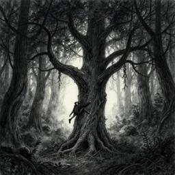 a nightmare walking tree carrying a person into a haunted forest, dark lighting, watercolor and pencil, gothic