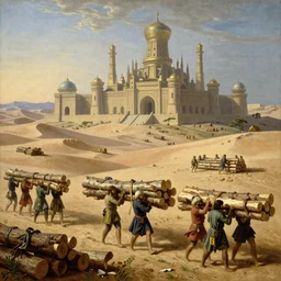 this historical 1 7 9 0 s painting depicts a full wide shot scene from a fantastical empire that is a mix of middle eastern and scandinavian cultures. the main export of this empire is lumber, and the painting shows a group of workers carrying lumber through a desert landscape.