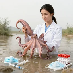a tall female pathology student holding an octopus, a river flooding inside, medical supplies, medical mask, syringes, pathology sample test tubes, pigs, plants in glass vase, water, river, rapids, canoe, pomegranate, berries dripping, waterfall, swans, acrylic on canvas, surrealist, by magritte and monet