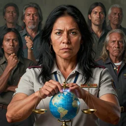 epic portrait of slightly muscular indigenous visionary sheila wattcloutier serious wearing shirt instructor uniform, libra scales laser pointing globe, detailed, artstation, concept art, donato giancola, joseph christian leyendecker, wlop, boris vallejo, stron eyes, highest resolution, extremely detailed beautiful, establishing shot, artistic, hyperrealistic, enhanced hands, octane render