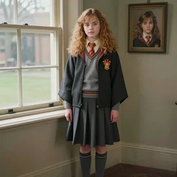 hermione granger wearing school uniform standing in a room next to a window, a picture by james baynes, tumblr, naive art, full body, stylish, photo