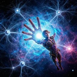 letting go of reality and experiencing the quantum feild, comic book art, cinematic, highly detailed, realistic, beautiful cosmic neural network