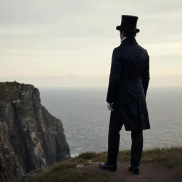 a silhouette of a man costumed in top hat and silk tailcoat looking at the horizon from the top of a cliff