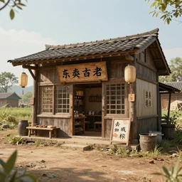 an concept art illustration, high detail, asian hut store with a signage in the middle of a dirt road, style by dylan cole and feng zhu and wlop, unreal engine, trending in artstation, octane render, ultra sharp, 8 k