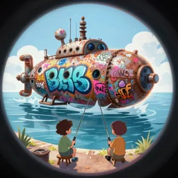 memorable animation key shot, fisheye lens, backlit, two kids fishing near the rusty robot submarine schwerer gustav!!!! covered in bold grafitti, paint drip, colorful murals, studio ghibli, pixar, disney concept art watercolor illustration by craig mullins, dean cornwell, nc wyeth, satoshi kon!