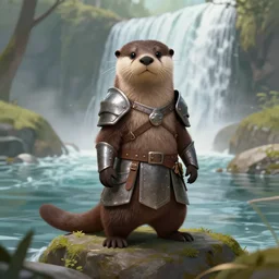 furry otter warrior, fantasy art, lightweight armour, near the river, waterfall, digital art, high quality
