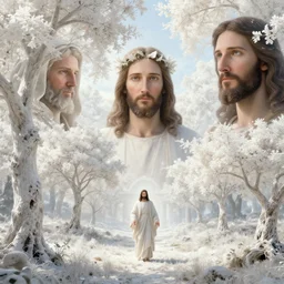 a fantasy landscape with white beautiful trees and jesus, perfect faces