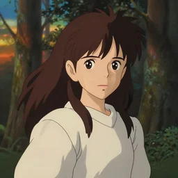 portrait bust of komorebi, forest background, long brown hair, cloth, princess mononoke, 4 k, greg rutkowski, high detail, dramatic lighting, sunset, hayao miyazaki, masashi ando, nizou yamamoto, kazuo oga, joe hisaishi, yoji takeshige, naoya tanaka