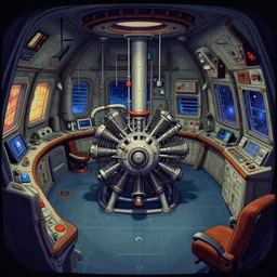 the engine room, inside a small cargo spaceship, from a sierra point and click 2 d graphic adventure game, art inspired by thomas kinkade and mark keathley