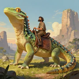 a man rites a saddled gigantic Gecko, Fantasy Art