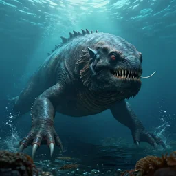 sea beast of the depths in the style of michael whelan and h. p. lovecraft. hyperdetailed photorealism by greg rutkowski. 1 0 8 megapixels, 3 d finalrender, cinematic lighting.