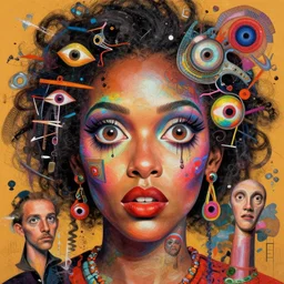 bizarre and wacky holographic 👩🏿🦳🧔🏼♂ face, crazy eyes, bizarre, chaotic, vivid, hyper detailed, digital art, in the style of daniel clowes, e. a. seguy, experimental abstract art, dadaist, mixed media collage, bizarre, vibrant, psycho, warm colors