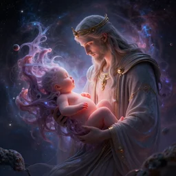 a god giving birth to a new universe with laws of reality unfamiliar to our own and then dissolving itself into it, in the style of wlop, illustration, epic, fantasy, hyper detailed, smooth, unreal engine, sharp focus, ray tracing