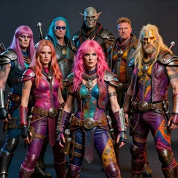 several members of a scifi post apocalyptic orcish biker gang, psychedelic vibrant colors, group photo by michael whelan art, sharp focus, highly detailed