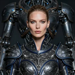 portrait of christine turlington as warrior of dark futuristic robotic world, by jan van eyck, h r giger, mysticism, intricate, highly ornate dark blue trim armoury