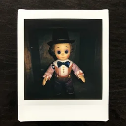 an eerie polaroid photograph of a ventriloquist dummy inside the crawlspace, nighttime, dimly lit, creepy