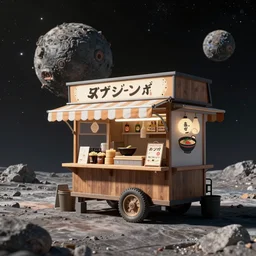 a ramen foodcart on an asteroid at the end of the universe, aliens sitting on stools eating, cosmic and colorful, deep colors and bold strokes