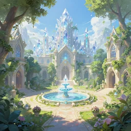 A wide open courtyard in a beautiful elven city made of crystal, dreamy, lush trees, fountain, a fantasy digital painting by Greg Rutkowski and James Gurney, trending on Artstation, highly detailed