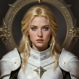 head-on centered symmetrical painted portrait, Elisha Cuthbert as a paladin, blonde hair, White Templar RPG armour, dramatic lighting, intricate, fantasy, intricate, elegant, highly detailed, digital painting, smooth, sharp focus, illustration, dramatic lighting, artstation, in the style of Artgerm and Anna Podedworna