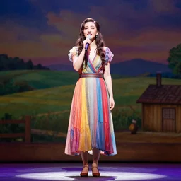 beautiful actress singing on a stage of a broadway musical, colorful dress, rural setting, professional photography, theatrical lighting, volumetric lighting