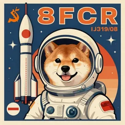 cute Shiba Inu cosmonaut portrait wearing helmet, in front of rocket,  60s poster, 1968 Soviet Japanese