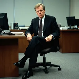 2 0 0 3 john lasseter in an office wearing a black suit and necktie and black shoes sitting at his desk. he looks very stern.