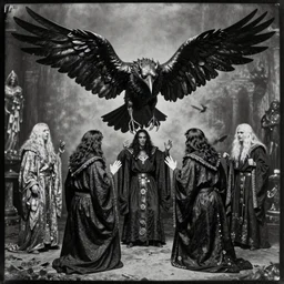 old black and white daguerreotype 35mm photograph of cult members, wearing robes, summoning a large crow demon, realistic, ornate, intricate, ominous, golden ratio, scary, epic lighting