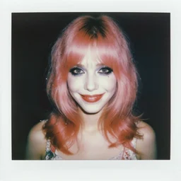 an instant photo of a beautiful but sinister, smiling girl in layers of fear, with haunted eyes and pink hair, 1 9 7 0 s, seventies, delicate embellishments, a little blood, crimson, painterly, offset printing technique, mary jane ansell