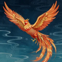 a phoenix flying above water!! intricated detailed. japanese detailed. biotechnology