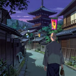 vincent di fate's 1 9 8 0 depiction of a kyoto village near a japanese mansion. cyberpunk style.