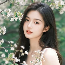 a photograph of the most beautiful woman that has ever existed, surrounded by unique natural sightseeing accompanied by the most delicate flowers.