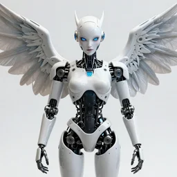humanoid robot demon, highly detailed, expressive blue eyes, beautiful symmetric body white metal, mechanical hands, mechanical wings, award winning, by Tom Bagshaw