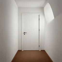 a long hallway with a white door and a brown carpet, a detailed matte painting by jacob toorenvliet, cg society, postminimalism, studio portrait, photo taken with provia, studio light