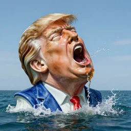 a massive porcelain sculpture of a surreal distorted donald trump vomiting jelly from the mouth on the ocean water, in the style of johnson tsang, grotesque sculpture, gross colours, lucid dream series, cinematic, hyper - realistic, very detailed, realistic water splashes, ray tracing, 8 k resolution, long - shot, sharp focus, low angle, 8 5 mm photograph, wide lens