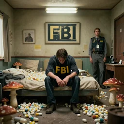 depressed fbi in a rundown motel room surrounded by capsules and mushrooms, beksinski, wayne barlowe, very coherent symmetrical artwork, cinematic, hyper realism, high detail, octane render, 8 k