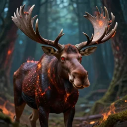 5 5 mm close up portrait photo of an armored demonic burning moose with red eyes and antlers and looking at the camera, in a magical forest. dark atmosphere. art by greg rutkowski and luis royo. highly detailed 8 k. intricate. lifelike. soft light. nikon d 8 5 0.