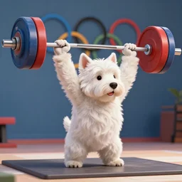 an anthropomorphic anthropomorphic west highland white terrier weight lifting weightlifting barbell up and over it's head in olympic olympic game, ultra detailed, 3 d rendering, photo realistic, concept art, 4 k, artstation, cgsociety