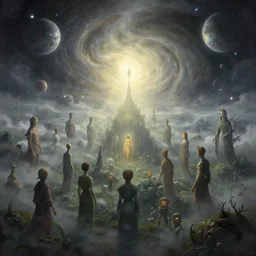 an alien planet, stars and moons and swirly clouds in the background, a view to an eerie fantasy world, matte painting, ethereal back light, mist, coherent composition, detailed fantasy painting by artgerm, noriyoshi ohrai, yuumei, stephen bliss, unreal engine, fantasy art by greg rutkowski, loish, rhads, ferdinand knab, makoto shinkai, lois van baarle, ilya kuvshinov, rossdraws, tom bagshaw, alphonse mucha, global illumination, radiant light, detailed and intricate environment