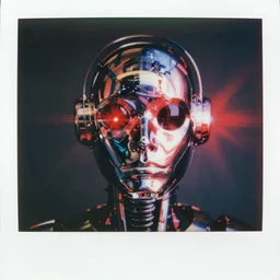 analog vintage photography portrait polaroid of a futuristic chrome robot face, red color bleed, heavy film grain, bloom, glow